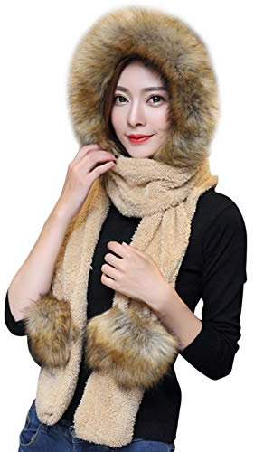 ITODA Schalhut Winter Damen Wintermütze Kaputzeschal Kunstfell Damenmütze Winterschal Mädchen Schalmütze Kaputze Ohrwärmer Winterhut Weich Schal Nackenschutz Mütze für Outdoor Eislaufen Wandern