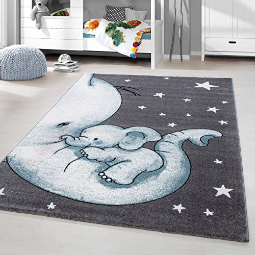 HomebyHome Kinderteppich Blau 160x230 cm Elefantenmuster Großer Jungen Teppich Kinderzimmer Kurzflor Teppich Extra Weich Antiallergen Babyzimmer Teppich
