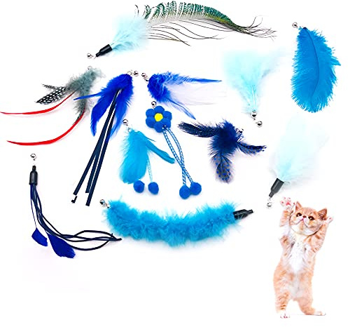 Pai Sence 12pcs Cat Feather Toys with Bells Blue for Male Cats Replacement for Wand Boy Kitten Toys Interactive Training Indoor Cat Playing Birthday Gift for Chasing Jumping Exercise Refill Toy