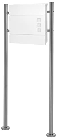 ECD Germany Standbriefkasten mit Zeitungsfach, Design Briefkasten mit Pfosten, Briefkastenanlage, Briefkastenständer Silber 120 cm, Postkasten Weiß 37x10,5x36,5 cm, Edelstahl/Stahl pulverbeschichtet