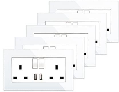 5 Pack CNBINGO Glass Double Switched Socket with 2 USB-A Charging Ports, White Tempered Glass Panel Wall Outlet, 2 Gang 13 Amp Electric Power Socket