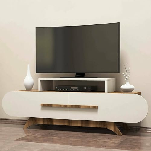 Dmora - Mobile Porta TV Praesepe, Credenza da Soggiorno, Armadio Basso per TV, Base Parete attrezzata, 145x37 h50 cm, Noce e Crema