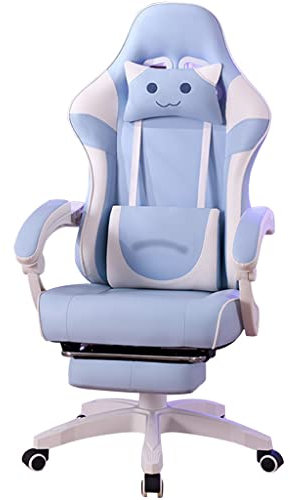 Siege Gaming Repose Pied Grand Angle Inclinable À 145° Chaise Gaming, Décoration De Broderie De Chat Mignon Chaise De Course pour Les Filles, Charge Portante 100 Kg/220,5 LB (Color : Blue White, S :