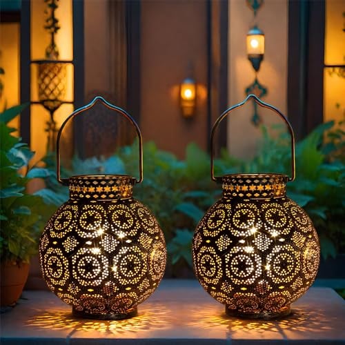 TRIROCKS Set of 2 Moroccan Style Metal Table Lamp 18 cm H Battery Powered Cordless Lanterns with LED Fairy Lights Bulb Perfect for Home Living Room Parties Tabletop Indoors (Brown)