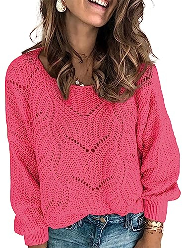 Dokotoo Damen Strickpullover Elegant Rundhals Pullover Herbst Winter Einfarbiger Pulli Oberteil Winterpullover, Rose, L