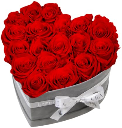 EG EMMIE GRAY Classic Infinity Rosenbox | Herz | Grau - Größe M mit 16 ± 2 Infinity Rosen - bis zu 3 Jahre haltbar, Flowerbox aus Samt mit konservierten Rosen, Blumenbox (Vibrant Red)