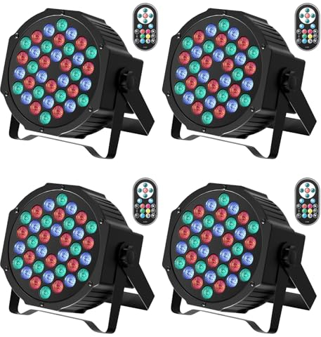 GdjRttk 4 PCS RGB Lumiere Par LED, 36 LED Eclairage Scene 7CH avec Télécommande et Son Activé, 72W Projecteur Jeux de Lumière Scene Couleur pour Soirées Disco Bars Halloween Noël