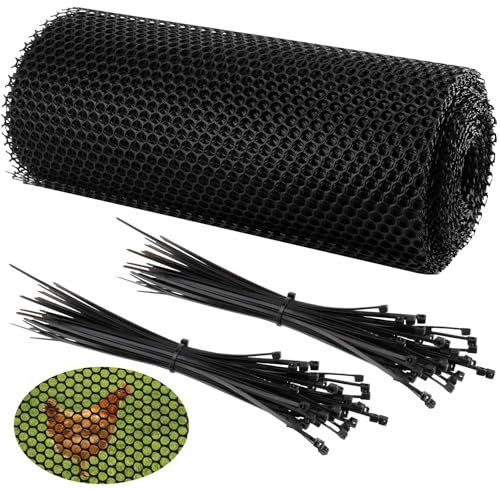 PINGEUI 40cm × 15m Plastic Chicken Wire Mesh Roll with 100 Ties, Plastic Protection Mesh Fencing, Black Garden Net Barrier Mesh for Gardening, Poultry, Animal Barriers