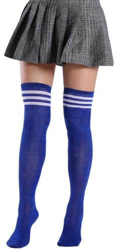 TQPUWT calze al ginocchio sopra il ginocchio, Coscia Calze Stivali per Ragazze, Calze Sopra il Ginocchio, Donna Extra Lunghi Calzini da Ginocchio, Strisce Bianche su Sfondo Blu, 52 CM