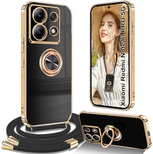 Yutwo Coque pour Redmi Note 13 Pro 5G avec Cordon, Coque pour Redmi Note 13 Pro 5G avec Collier Housse 360° Voiture de Bague Magnétique Étui pour Xiaomi Redmi Note 13 Pro 5G avec Cordon, Noir