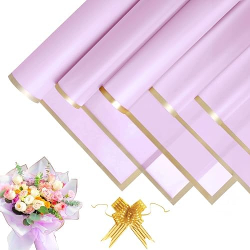 20 Blatt Blumenstrauß Geschenkpapier - Wasserdicht Wrapping Paper, Blumen Papier mit Band, Blumenpapier für Geschenkverpackungen, Blumen, Kunst und Handwerk (Violett, 58x58cm)