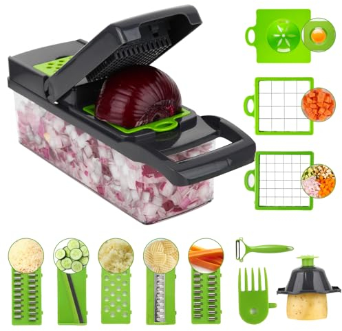 WVacFre Hachoir à légumes, hachoir à oignons Pro, hachoir multifonctionnel 14 en 1, coupe-légumes de cuisine, hachoir à légumes avec 8 lames, hachoir à carottes et à l'ail avec récipient