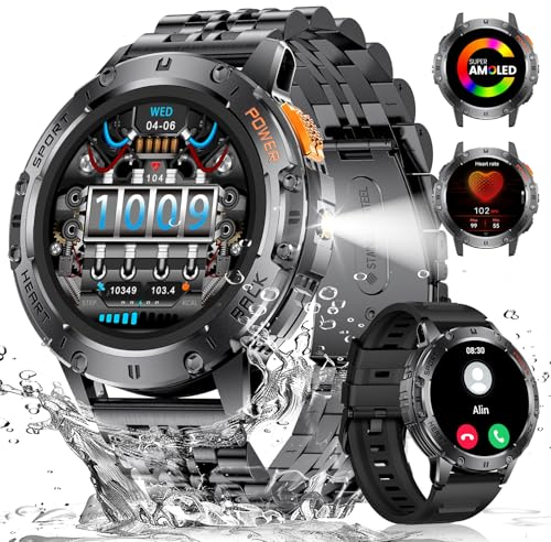 ESFOE 2025 Reloj Inteligente Hombre,1.43'' AMOLED Smartwatch Militar con LED Linterna,530mAh 5ATM Impermeable Smartwatch con Wasap Llamadas