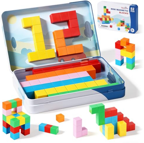 Dreamon Mini Magnetic Blocks 52PCS Travel Magnetic Building Blocks for Kids with Tin Box Magnet Cubes Montessori STEM Toy Toddlers Boys Girls Gifts Aged 3 4 5 6 Years Old