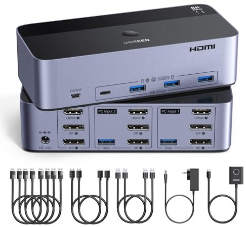 UGREEN 8K@60Hz HDMI Displayport KVM Switch 3 Monitors 2 Computers, Aluminum 4K@240Hz with 4 USB 3.0 Ports for 2 Computers Share Triple Monitors with 4 DP+2 HDMI+2 USB Cables/Power Adapter/Controller