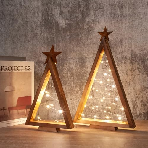Weihnachtsfiguren Klein Holz mit LED Lichter, Weihnachtsdeko Figuren Beleuchtet Weihnachtsbaum Lichterkette, Weihnachtsdeko Innen Tisch Deko Holzfiguren, Tannenbaum Weihnachtsfigur Dekofigur 2PCS (C)