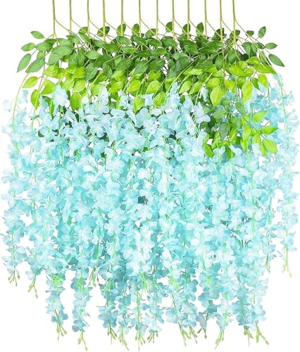Yeehliny Künstlich hängende Blumen, Blauregen Seidenblumen,hängende Dekoration Garland Seide Blumen für Party Home Dekoration Hochzeiten, 110 cm (24 stück/Blau)