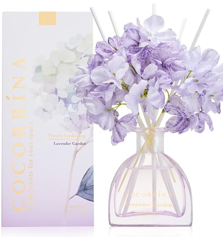 COCORRÍNA Blume 250ml Raumduft mit 8 Duftstäbchen, Lavender Garden, Natürlich, Langanhaltend, Home Duft für Wohnzimmer, Schlafzimmer, Badezimmer Regal Dekor