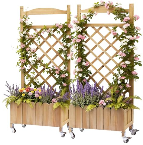 2 x Rankgitter Pflanzkasten mit Rollen, Holz Hochbeet mit Spalier, wetterbeständiger Pflanzenkübel mit Drainagelöchern, mobiler Blumenkasten für Garten, Balkon & Terrasse, 49x28x116cm, 2stk.-BEIGE