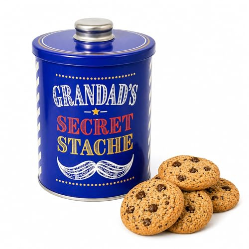 Grandad Secret Stache Biscuit Tin 180g – Chocolate Chip Shortbread Biscuits in Reusable Tin – Funny Gift, Fathers Day Gift for Grandad