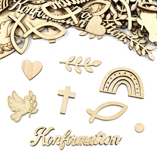 Konfirmation Deko Streudeko 120 Stück,Holz mit Fisch Kreuz Taube Ähren Herz & Schriftzug, Streudeko Konfirmation Junge Mädchen, Holz Konfetti für Tischdeko Feier Kommunion Jugendweihe