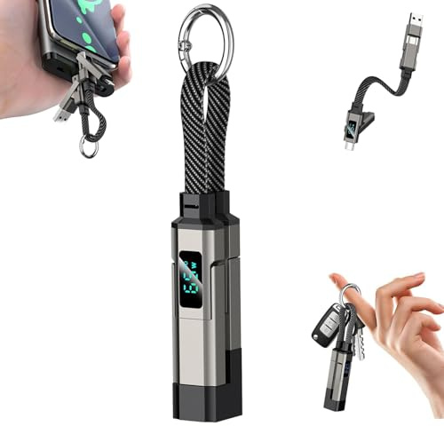 Portable 4 in 1 Smart Display Keychain Cable, 4 in 1 USB C Keychain Charger Cable, 65W Fast Charging Short Phone Lanyard Data Cable, Multi-Interface (Type-C/Lightning/USB-A) Connector for Car