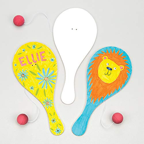 Baker Ross E891 Blanko-Paddleballschläger mit einem am Gummiband befestigten Ball für Kinder zum Gestalten und Spielen - (6 Stück), 22 cm, Weiß