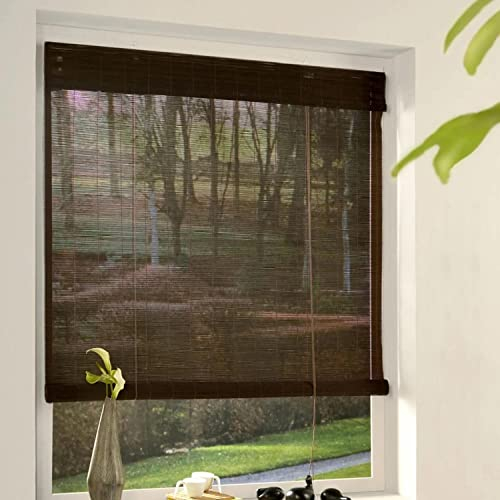 Madecostore Rollo mit Aufrollmechanismus, Bambus, Schokobraun – 63 x 180 cm – Befestigung mit Bohren – Rollo aus Holz
