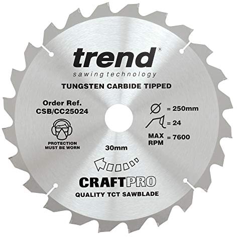 Trend Wood Mitre Saw Blade, 250mm Diameter, 30mm Bore, 24 Teeth, 3mm Kerf, -5° Hook, TCT, Coarse Finish, CSB/CC25024