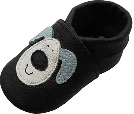 YIHAKIDS Krabbelschuhe Baby Weiche Leder Lauflernschuhe Kleinkind Lederschuhe Hausschuhe Babyschuhe Lederpuschen Lernlaufschuhe Mokassins(Size S, Schwarz Hund, 0-6 Monate, 19/20 EU)