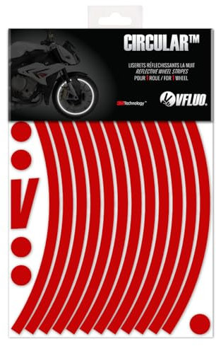 VFLUO CircularTM, Motorrad Retro reflektierende Felgenrandaufkleber Kit (1 Felge), 3M TechnologyTM, 10mm breit (XL), Rubin rot