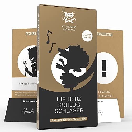 Culinario Mortale® – Ihr Herz schlug Schlager - Krimidinner für Zuhause für 5 bis 7 Personen - unterhaltsames Krimi Dinner für Zuhause - Krimispiele für Erwachsene
