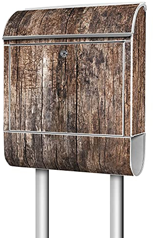 banjado® Briefkasten mit Standfuß Motiv Altes Holz - Stand Briefkasten mit Zeitungsfach pulverbeschichtet aus Stahl weiß - Postkasten A4 Einwurf inkl. Montagematerial & 2 Schlüssel