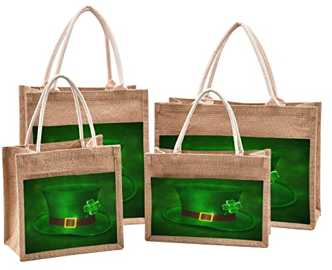 Mnsruu Grüner Hut, Kleeblatt, Jute-Tragetaschen für Damen, Einkaufstaschen mit Griffen, für Outdoor-Reisen, 32 x 42,9 x 18 cm