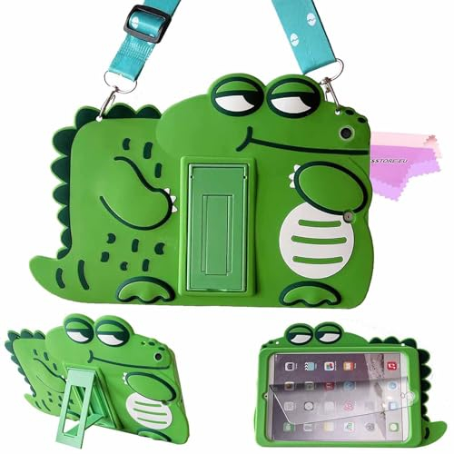 ESSTORE Coque Enfant pour iPad 9e/8e/7e Génération 10,2 (2021/2020/2019) + Protecteur D'écran, Mignon Animé 3D Silicone avec Bandoulière & Support Étui Housse de Protection Antichoc, Dinosaure
