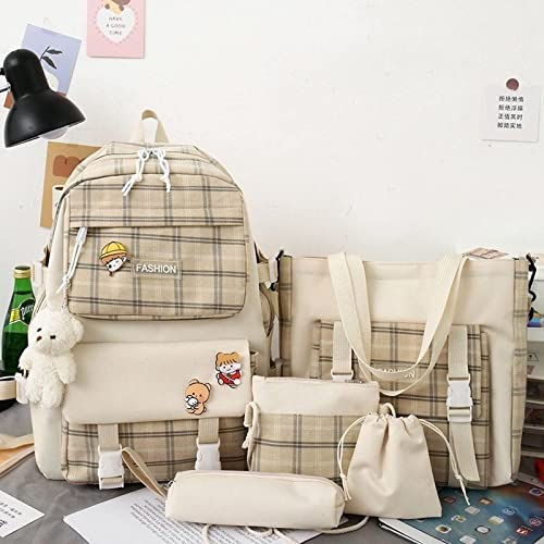 Vimlo 5 Pcs Kawaii Backpack Set with Pins Plush Bear Pendant, Canvas School Backpack Combo Set, Aesthetic Cute Plaid Check Handbag and Pencil Bag School Bag Daypack for School Teens (Color : Khaki)