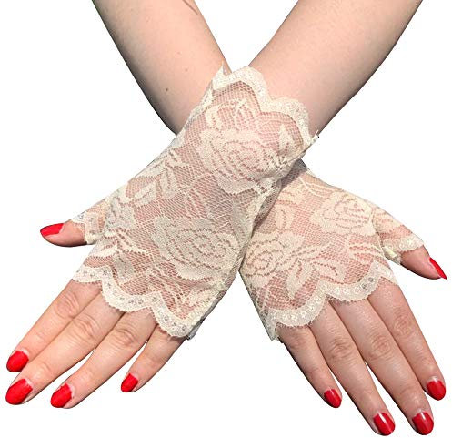 PTNKUIIY Damen Spitze Kurze Handschuhe,Fingerlose Handschuhe Braut Hochzeit Spitze Handschuhe UV Schutz Sommerhandschuhe Fahrhandschuhe Netz Handschuhe für Hochzeit Oper Abendessen Teeparty,Beige
