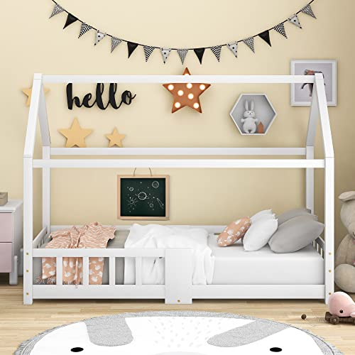 Vanimeu Kinderbett Hausbett 90 x 200 cm, Holzbett für Kinderzimmer, inkl. Tafel|Lattenrosten|Rausfallschutz, aus Kiefernholz, ohne Matratze (Weiß*)
