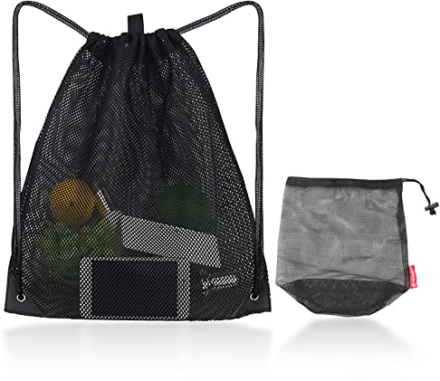 PFLYPF 1 x Netzrucksack mit Kordelzug und 1 x Netzbeutel mit Kordelzug, Rucksack mit Kordelzug, Tasche mit Kordelzug, Rucksack mit verstellbarem Riemen, Strand-Netz-Aufbewahrungstasche (schwarz)