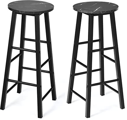 GiantexUK Bar Stools Set of 2, Marble Effect Counter Breakfast Barstools with Footrest & Anti-slip Footpads, Round Kitchen High Stools for Home, Pub, Bar and Dining Room (Black)