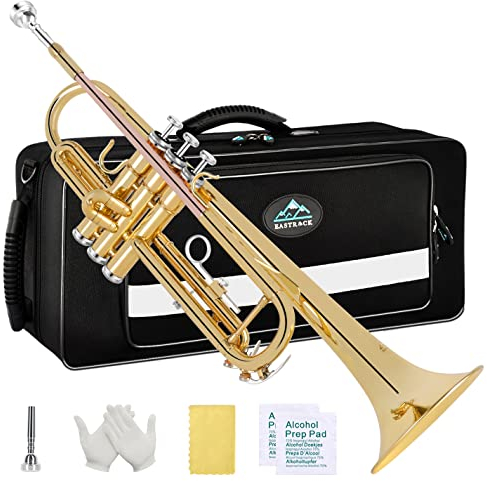 EASTROCK Trompete Bb, Standard-Trompeten-Set mit Tragetasche, Handschuhen, 7C-Mundstück, Stimmstab, Trompeten für Anfänger und Schüler(GOLD/Phosphorkupfer)