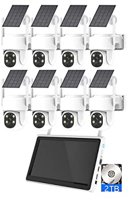 Kit di telecamere di sicurezza a energia solare WiFi wireless a 8 canali con monitor NVR, sistema di telecamere di sorveglianza solare da 4 MP con rilevamento di movimento, con disco rigido 2T