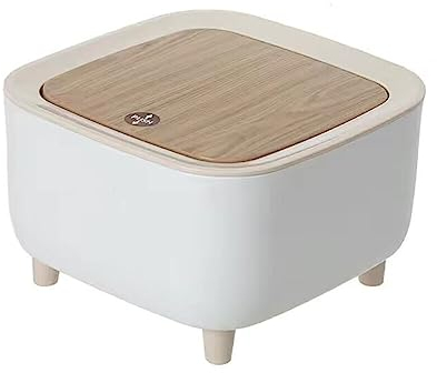 Poubelle Moderne Blanc, Panier à Déchets avec Presse de Couvercle, Style Ins Poubelle Trépied en Bois, Poubelle Imitation Bois, pour Cuisine Salle de Bain Salon Bureau, 19x12cm
