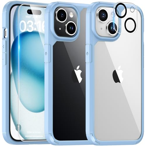 TAURI 3 in 1 für iPhone 15 Hülle, 1 Handyhülle+2 Schutzfolie, [Nie Vergilbung] Handyhülle für iPhone 15 Case Schlanke Stoßfeste Anti-Kratzt - Hellblau