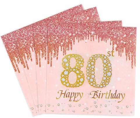 Rose Gold Happy 80th Birthday Napkins, Women 80th Birthday 20Pcs Party Paper Napkins Disposable,Her 80th Birthday Gifts Party Supplies,Tableware Decorations,Birthday Serviettes Tissue Luncheon Dinner
