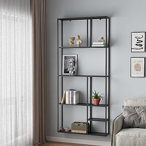 [en.casa] Wandregal Jämijärvi Regal Wandmontage Bücherregal mit 8 Ablagefächern Hängeregal 180 x 80 x 18 cm Schweberegal Stahl Schwarz
