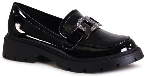 topschuhe24 2869 Damen Lack Halbschuhe Plateau Slipper Glitzer, Farbe:Schwarz, Größe:40 EU