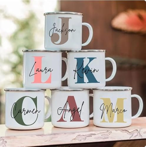 Tasse personnalisée avec prénom et initiale - Acier emaillé - 360 mL - Tasse à thé, café, chocolat chaud - Noel, anniversaire, cadeau maitresse, fête des mères, départ retraite (13 - Orange)