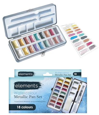 Elements Metallic Watercolour Paint Set - 18 metallic Watercolour Paints, Includes Brush Waterbrush, Sponge, and Mixing Palette for Watercolour Painting