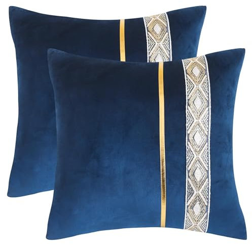 Tosleo 2er Set Dekorative Samt Kissenbezüge 45x45cm Zierkissenhülle mit Gestickte Goldbarren Gestreiftes Gold Leder für Schlafzimmer Sofa Büro Balkon Blau
